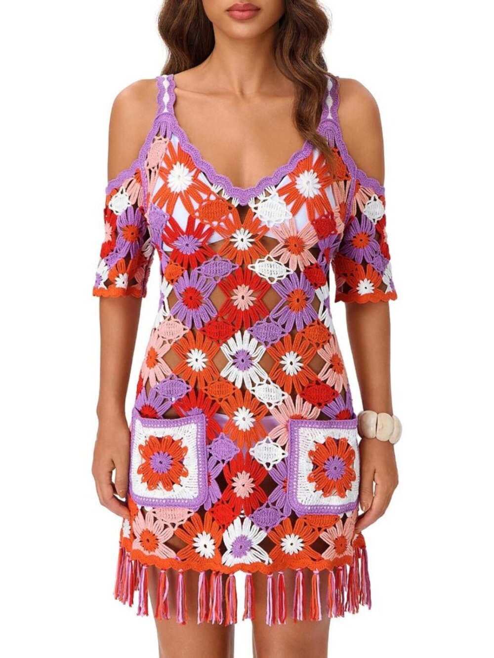 Boho Crochet Cold Shoulder Cover-Up Dress with Pockets for Women - Summer Style